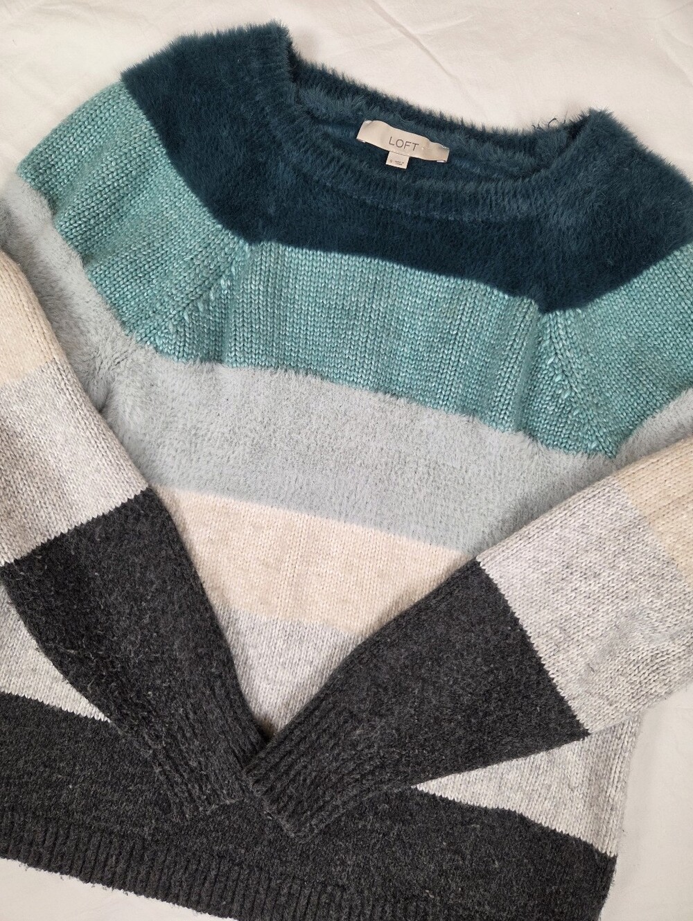 LOFT Fuzzy Striped Crewneck Sweater - Teal, Light Blue, Cream, Charcoal
